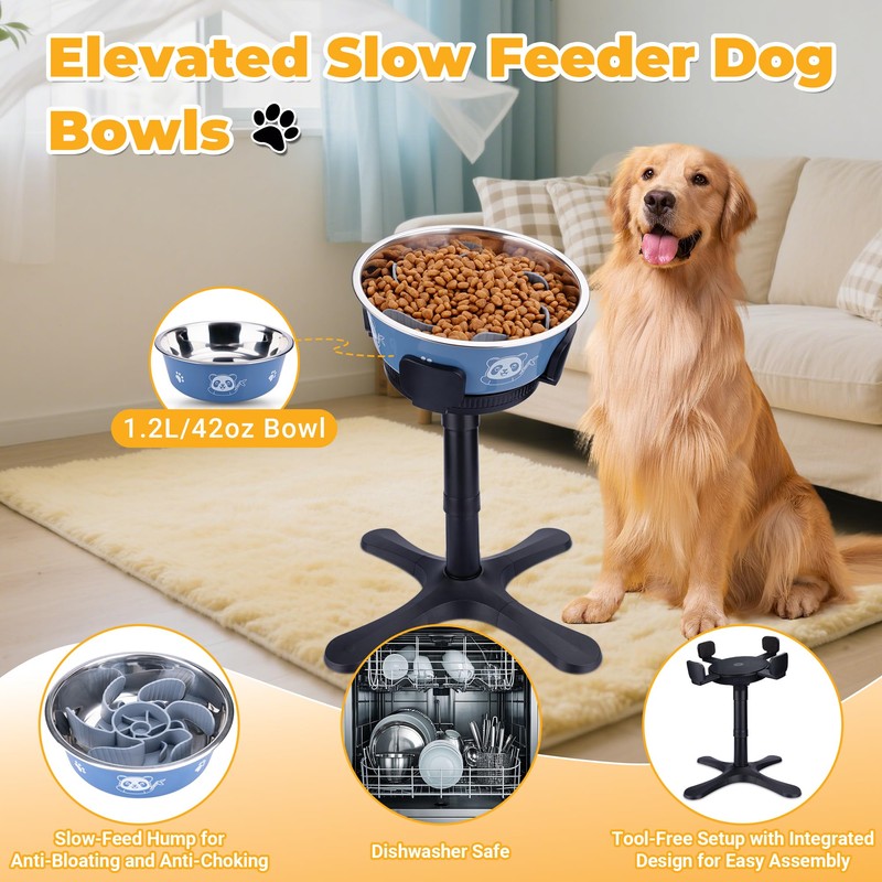 Elevated Slow Feeder Dog Bowl Adjustable Stand,Tilted ABS Base,Fits 5.5-9.5"