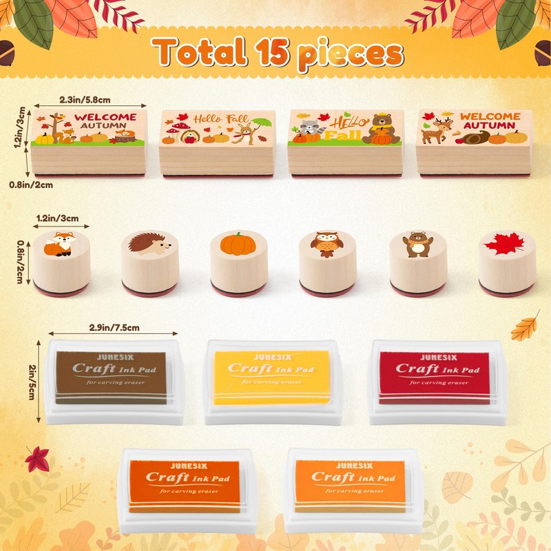 15Pcs Fall Wooden Rubber Stamps Set Autumn DIY Craft Card