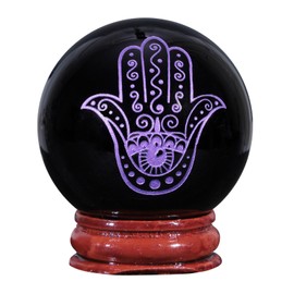 Nupuyai Nupuyai 1.9" Engraved Symbol Obsidian Crystal Ball with Stand, Polished Feng Shui Crystal Sphere Stone Ornament Home Office Decor, Hamsa Hand, Purple