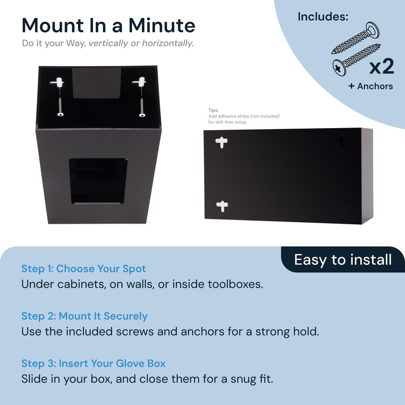 Black Glove Box Holder Wall Mount - Acrylic Disposable Glove