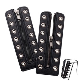 PH PandaHall 2pcs Leather Lace-in Boot Zipper Inserts, 6.3 x 2.2 Inch Black Cowhide Tieless Shoe Laces Eyelets Zipper Boot Laces 7 Holes No Tie Shoe Laces for Women Sneakers Laces Repair DIY,