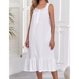 Viakeo 100% Cotton Nightgowns for Women Sleeveless Night Gown Long Sleep Dress with Pockets White