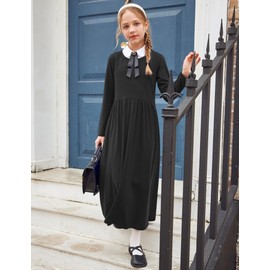 Arshiner Girls' Long Sleeve Maxi Dress Children's Plain Maxi Dress Autumn Winter Swing Skater Dress Basic Casual Dress with Pockets Party Dress Size 98-152, A-Black