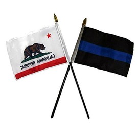 AES State of California w/Police Blue Line Flags 4"x6" Desk Set Table Gold Base Vivid Color and UV Fade Resistant Canvas Header and Polyester Material