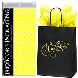 Flexicore Packaging Black Kraft Paper Welcome Bags & Yellow Gift Wrap Tissue Paper | Size: 8 Inch X 4.75 Inch X 10.5 Inch | Count: 5 Bags | Color: Yellow Polka Dot