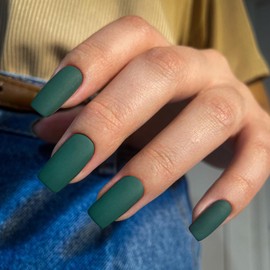 Matte Dark Green Press On Nails Medium Long Square,Medium Coffin Nails Acrylic Nails Press ons Glue on Nails Medium Length, Solid Color Fake Nails for Women,Natural Thick Artificial Nails Stick on