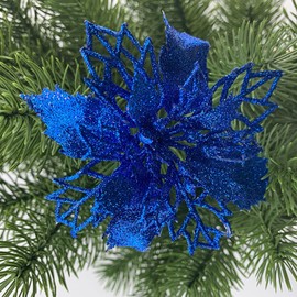 LEMCC 10PCS Artificial Flowers Decorations with Clips Blue Poinsettia Glitter Christmas Tree Ornaments for Xmas Wedding Party Wreath DIY, 11cm/4.3inch