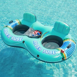 Jasonwell Heavy Duty 2 Person Inflatable River/Pool Tube Float with Removable Cooler, Tubes for Lake, Floating River Raft Lounge Floatie with 2 cup Holders For Adults, Cyan