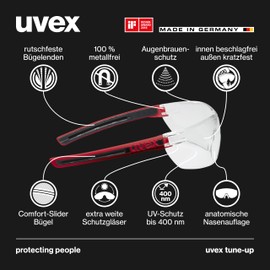 Uvex tune-up Schutzbrille – Sicherheitsbrille mit 100% UV-Schutz - metallfrei, Anti-Beschlag & kratzfest – superleicht (23g) - rot/schwarz, transparent