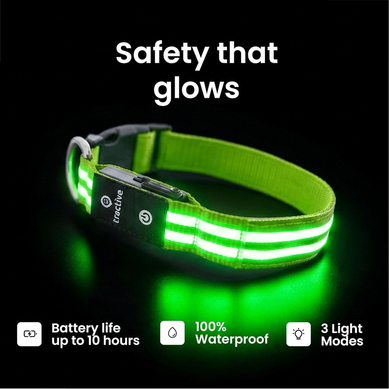 Tractive LED Light Up Dog Collar USB Rechargeable Waterproof (Green)