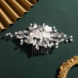 Teyglen Floral Flower Hair Comb Silver Rhinestone Pearl Wedding Hair Comb Bridal Headpiece Crystal Hair Piece Flower Hair Accessories for Women (Silver)