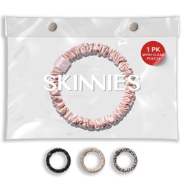 Ch. SKINNIES-1 Small Silk Scrunchies Set with Clear Makeup Bag - Stylish Hair Ties for Thin Hair (Pink Quartz)