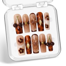 Cherry Press on Nails Thick Acrylic and Muti-Layer Gel Long Square Handmade Press on Nails 3D Flower Fake Nails wtih Design French Tip False Nails Full Cover Stick on Nails for Women Nails Decor (S)