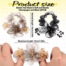 2 PCS Flower Scrunchie for Women, Elastic Flower Leaf Hair Ties Rhinestone Ponytail Holder Embroidery Hairbands Rope for Parties Daily Use (Black, Champagne)