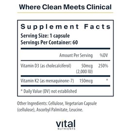 Vital Nutrients Vitamin D3 + K2 | 2000 IU | Vitamin D3 K2 Supplement | Vitamin D Complex for Healthy Calcium Levels, Muscle & Bone Health | Gluten, Da