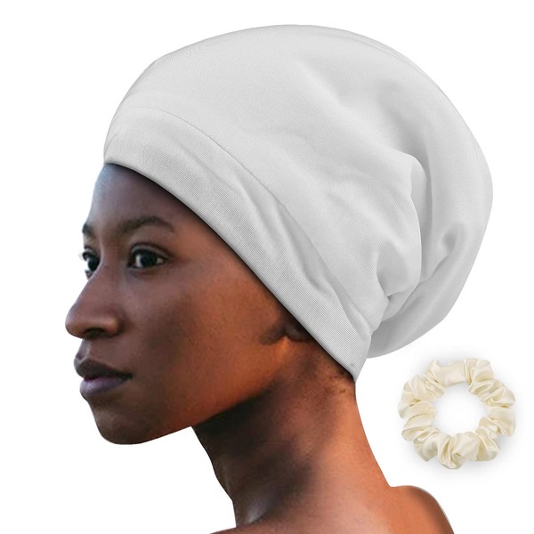 ALASKA BEAR - Natural Silk Lined Sleep Cap Hair Bonnet Slouchy Beanie Head Wrap Scarf Hat for Curly Dry Hair/Medium Length/Semi Thick Hair, Versatile & Adjustable, Unisex(White)