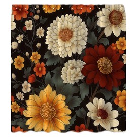 Black Boho Floral Shower Curtain Vintage Black Orange Red Flower Plant Mid Century Abstract Modern Retro Botanical Retro Minimalist Aesthetic Bathroom Curtain with Hook,70x70 Inch