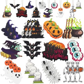 FEAWIAI 36 Piezas Adorno Colgante de Halloween,Diseño de Halloween Decoración Calabaza Araña Murciélago Esqueleto,Perfecto para Decoraciones de Fiesta de Halloween para Interiores y Exteriores
