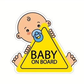 Baby on Board Car Safety Sign, Yellow Triangle Warning Sticker with Cartoon Design (Blue)