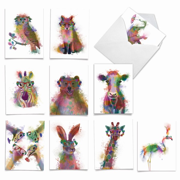 The Best Card Company - 10 Unique Blank Watercolor Animal Note Card Box Set 4 x 5 Inch + Envelopes (10 Unique Designs) Kids Greeting Cards, Camp Stationery, Funky Rainbow Wildlife M4948OCB-B1x10
