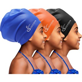 3 Pack Waterproof Silicone Extra Large Swim Cap for Kids Girls Aged 4 to 16 Boys Toddler with Long Thick Curly Hair, Braids, Dreadlocks, Locs