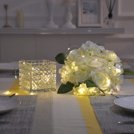 Fule Artificial Silk Rose Flower Centerpiece Arrangement in Glass Vase with LED Light for Home Wedding Decoration (White)