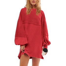 Panadila Womens Oversized Long Sleeve Patchwork Sweatshirt Dress Crewneck Tunic Sweatshirts Fall Loose Pullover Top(Red,L)