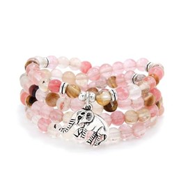 108 Mala Quartz Beads Tiny Elephant Lucky Charm Wrap Bracelet Necklace Self Discovery Yoga Inspirational Jewellery (Watermelon Tourmaline)