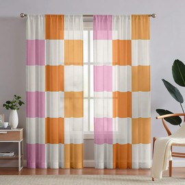 Siwacline Semi Sheer Chessboard Grid Curtains Geometric Hippie 70s Plaid Pink Yellow and Orange Colors Privacy Light Filtering Rod Pocket Curtains for Bedroom Living Room(52" W x 84" L, 2 Panels)