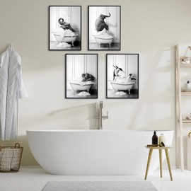 JINZUNRUI JZR Bathroom Decorative Pictures, Black and White Bathroom Poster A4 Wall Pictures, Funny Animal in the Bathtub, Toilet Wall Decoration, Canvas Bathroom Pictures, Without Frame