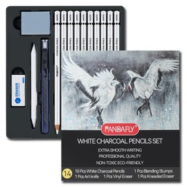PANDAFLY White Charcoal Pencils Set, Professional 14 Piece Charcoal Pencils for Drawing, Sketching, Shading, Blending, White Chalk Pencils for Kid, Beginners & Pro Artists