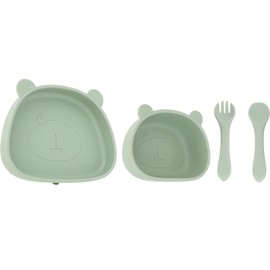 4pcs Children Plate Utensils Set Silicone Suction Bowls Set Toddler Panda Shape Plate Olive Green Bowl Plate Silicone Fork Spoon