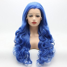 Meiyite Hair Wavy Long 26inch Blue Thick Heavy Density Realistic Synthetic Lace Front Wigs