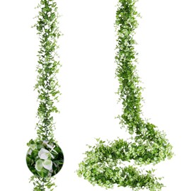 RECUTMS 2Pcs Faux Eucalyptus Garland 5.8 Ft Fake Eucalyptus Leaves Artificial Greenery Garland Hanging Vines Decor for Home Party Wedding Arch Table Wall Indoor Outdoor(Green White)
