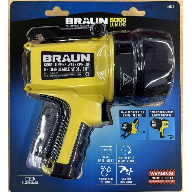 Braun 6000 Lumen LED Spotlight Flashlight Rechargeable Super Bright Waterproof