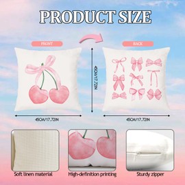 Onperpoe Pink Bow Cushion Covers 45 x 45 Double Sided Pink Cushion Cover Room Decor Aesthetic Bedroom Cherry Square Throw Pillow Covers Coquette Decor Sofa Cushions Covers for Teen Girls Living Room