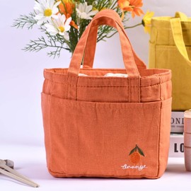 Orange/Avocado/Lemon/Peach Insulated Lunch Bag, Lunch Totes With Pockets, Drawstring Keep Warm Lunch Tote, Autumn Lunch Bag, Back to School,Lunch Box Tote Canvas Bag,Christmas Gift lunch bag - Style: Orange
