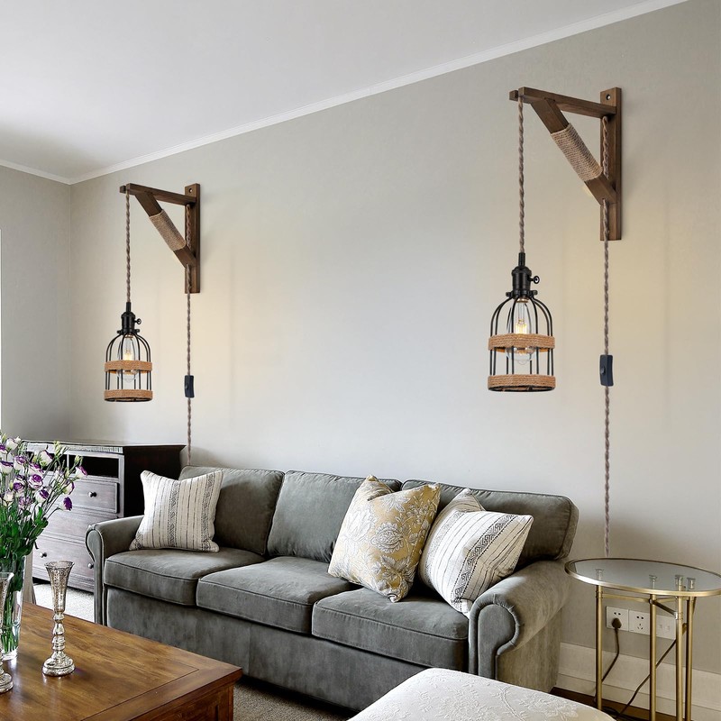 SEEBLEN Rustic Plug in Pendant Lights Set of 2,Farmhouse Wooden