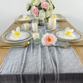 Lujoso camino de mesa de terciopelo, decoraciones de recepción de boda de 10 pies, tela de terciopelo suave de 20 x 120 pulgadas, superposición de lino de mesa, caminos de mesa de boda (gris, 20 x 120