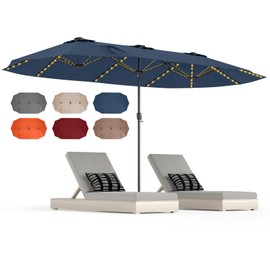 HAPPYGRILL 15.5 FT Double-sided Patio Umbrella with Solar Lights, Outdoor Twin Size Umbrella with Crank Handle & Heavy-Duty Ribs, Oversized Rectangle Umbrella for Garden Deck Poolside (Navy)