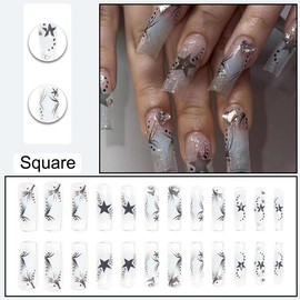 Y2K Press on Nails Long Square BAOYAALIN, Fake Nails with Heart Rhinestones Design Gel Glue on Nails for Women Girls Full Cover Acrylic Artificial False Stick on Nail for Wedding 24Pcs in 12 Sizes