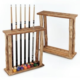 Rush Creek Creations Rustic Pine Billiard Pool Cue Rack for up to 6 Cues and 16 Billiard Balls, Floor Standing Pool Stick Holder with Cup Holders