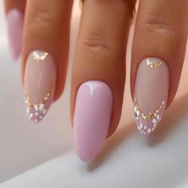 RikView Almond Press on Nails - Medium Length Acrylic Nails with Purple French Tip, Glossy Full Cover