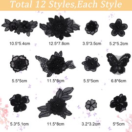 GORGECRAFT 12Pcs Black 3D Floral Embroidery Applique Butterfly Flower Lace Embroidered Computerized Embroidery Organza Sew On Patches with Plastic Beads for Clothes Decorating Wedding Dress
