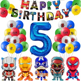 Kindergeburtstag Deko, 5 Jahre Superhelden Geburtstagsdeko Jungen,Avengers GeburtstagBallon Set, Geburtstag Banner Folienballon Riesenzahl für Kinder Party Decorations