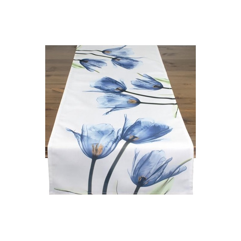 Table Runner Tulips Blue Beige Cream Modern Printed Motif Tablecloth