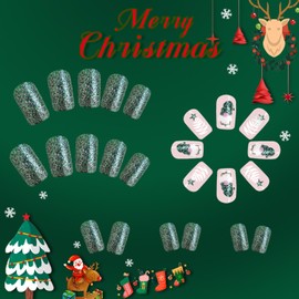 Christmas Press on Nails Green Glitter Gnome Glue on Nails Medium Square False Nails Glossy Winter Xmas Acrylic Nails for Women Girls