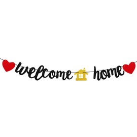 Welcome Home Banner Welcome Home Decorations Black Glitter Welcome Home Sign Welcome Party Decorations for Housewarming Homecoming Military Return Party Decorations