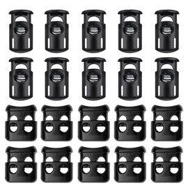 20 Pcs Plastic Cord Locks, FineGood End Spring Toggle Stopper Slider, 10 Pcs Sing-Hole, 10 pcs Double-Hole - Black