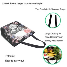 ZzWwR Skull and Flowers Day of The Dead Extra Large Canvas Market Beach Travel Reusable Grocery Shopping Tote Bag Portable Storage HandBags